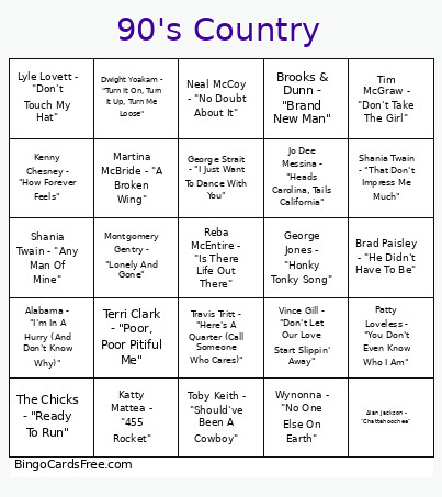 90's Country Bingo Card