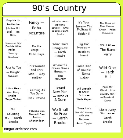 90's Country Bingo Card