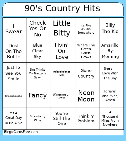 90's Country Hits Bingo Card