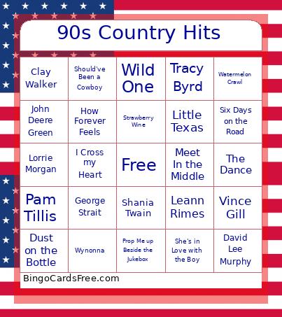 90s Country Hits Bingo