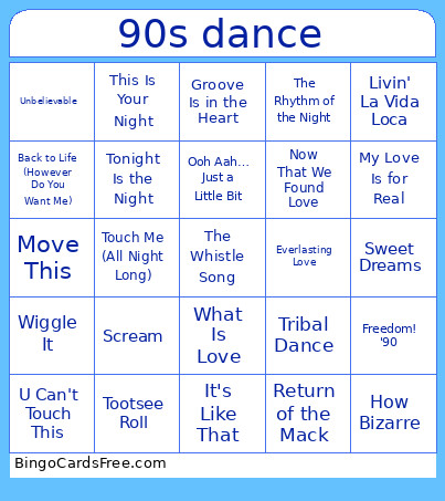 90s Dance Bingo Card