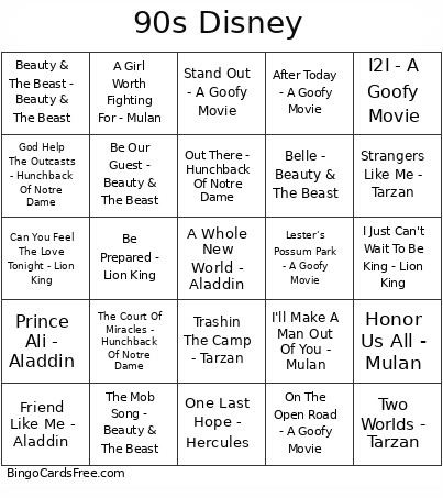 90s Disney Bingo Card
