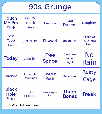 90s Grunge Bingo Card