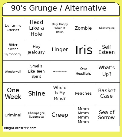 90's Grunge / Alternative Bingo Card