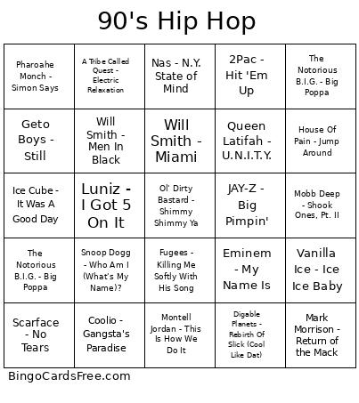 90's Hip Hop Bingo Card
