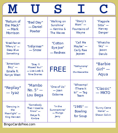 90'S Hit Bingo Card