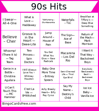 90s Hits Bingo Card