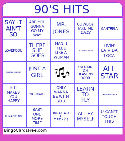 90'S HITS Bingo Card
