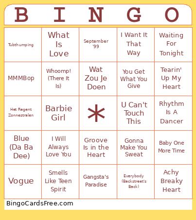 90's hits Bingo