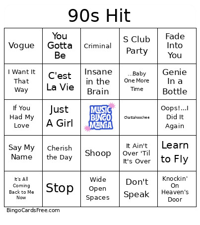 90s Hits Bingo Card