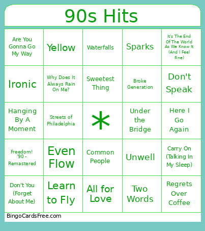90s Hits Bingo Card
