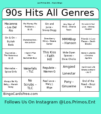 90s Hits All Genres Bingo Card