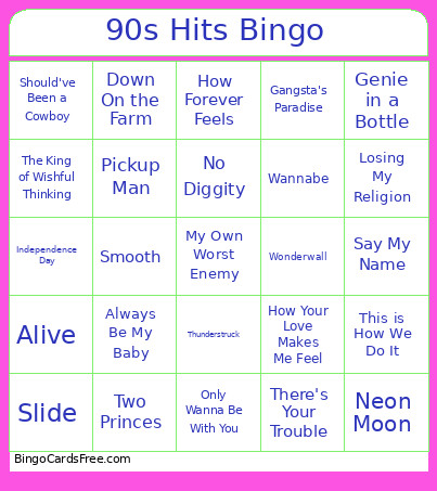 90s Hits Bingo Card