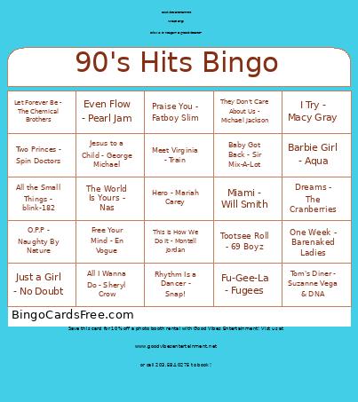 90's Hits Bingo Card