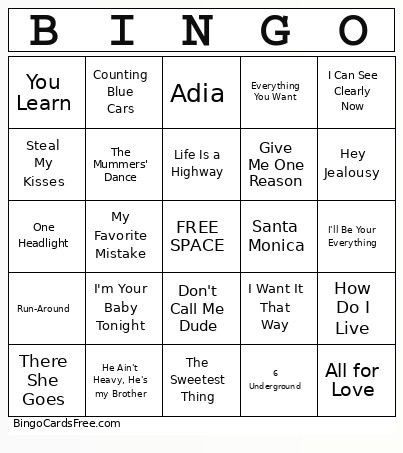 90s List #9 Bingo Card