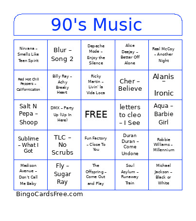 90's Music Bingo Card