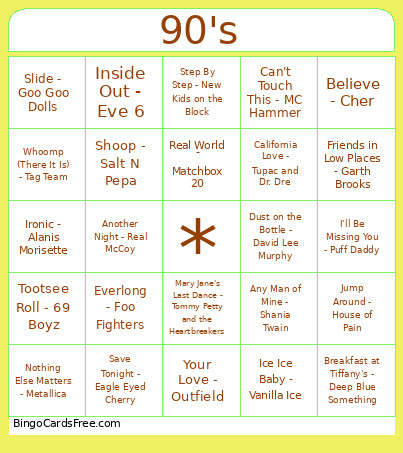 90's Music Bingo Card