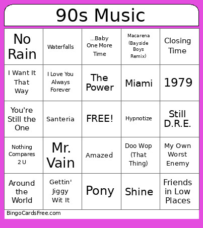 90s Music Bingo Card 2
