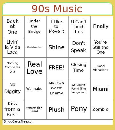 90s Music Bingo Card