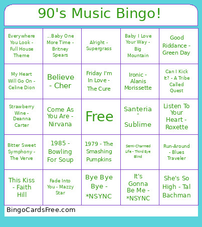 90's Music ! Bingo Card