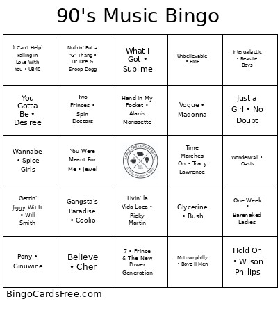 90's Music Bingo Card