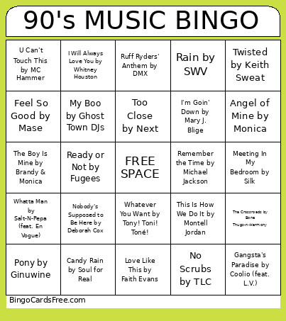 90's MUSIC Bingo Card