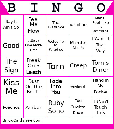90's Music Pink Bingo Card