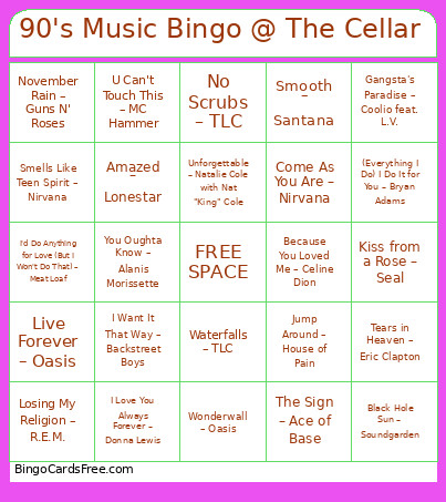90's Music @ The Cellar Bingo Card