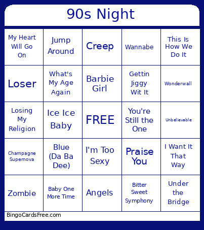 90s Night Bingo Card