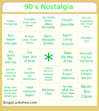 90's Nostalgia Bingo Card