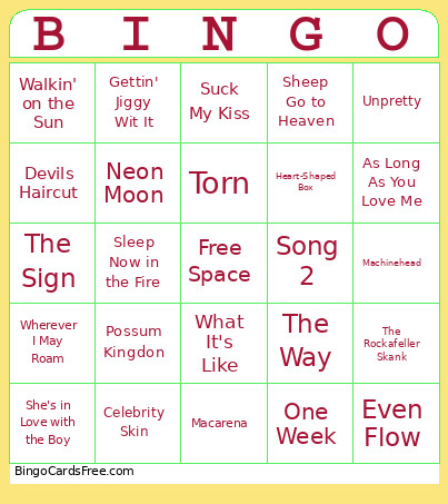 90s Part 3 Music Bingo Card