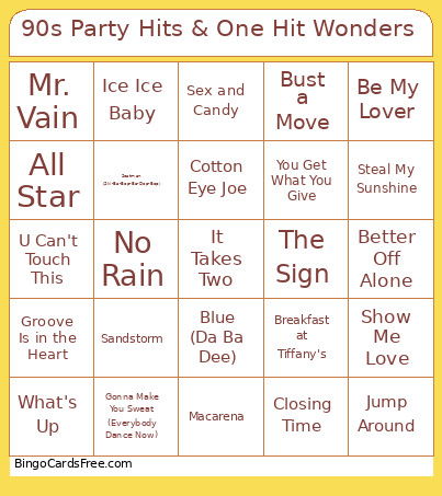 90s Party Hits & One Hit Wonders Bingo Card