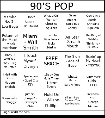 90'S POP Bingo Card