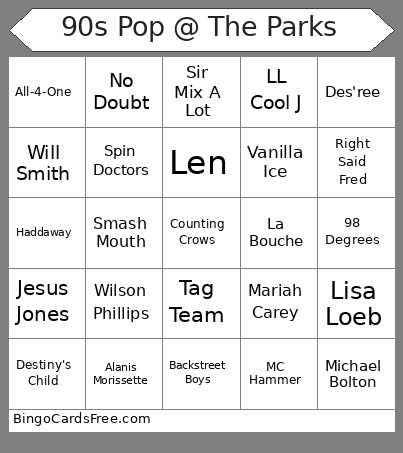 90s Pop @ The Parks Bingo Card