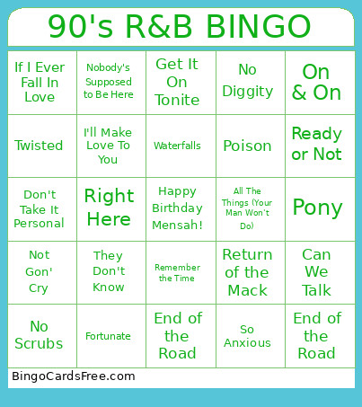 90's R&B Bingo Card