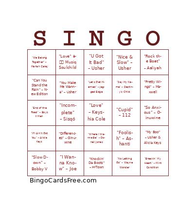 90's R&B Bingo Cards Free Pdf Printable Game, Title: SINGO