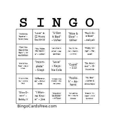 90's R&B Bingo Cards Free Pdf Printable Game, Title: SINGO