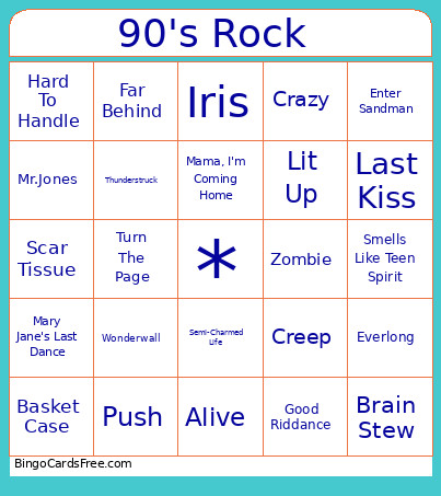 90's Rock Bingo Card