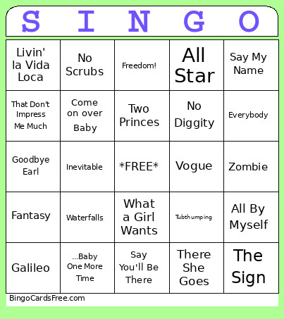 90s SINGO #1 Bingo Card