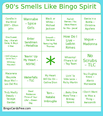 90's Smells Like Spirit Bingo Card