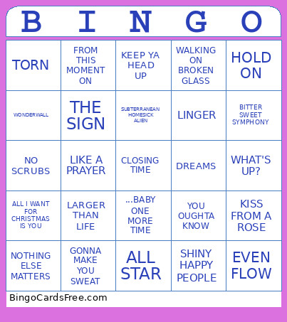 90s Song Bingo Card