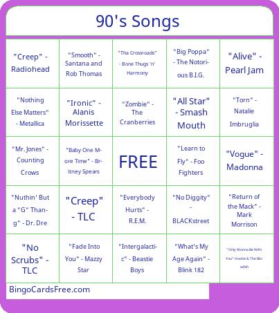 90's Songs Bingo Cards Free Pdf Printable Game, Title: 90's Songs