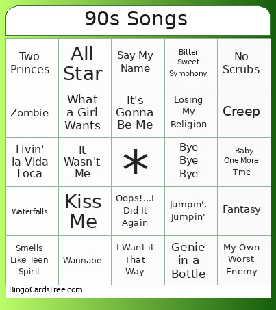 90s Songs Bingo Card