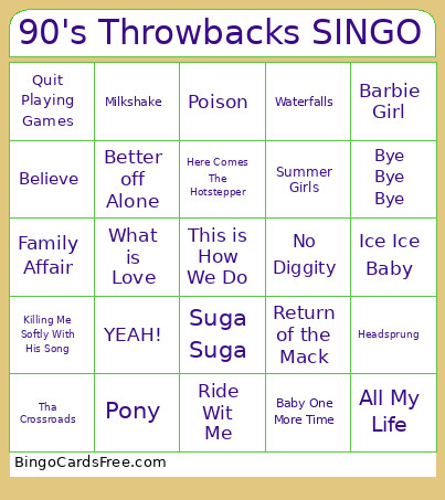 90's Throwbacks SINGO Bingo Card