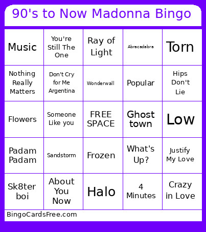 90's To Now Madonna Bingo Card