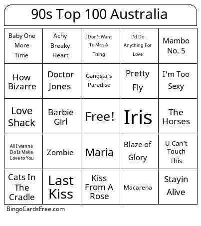 90s Top 100 Australia Bingo