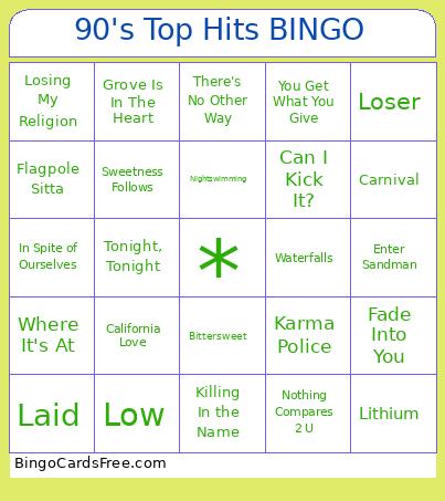 90's Top Hits Bingo Card