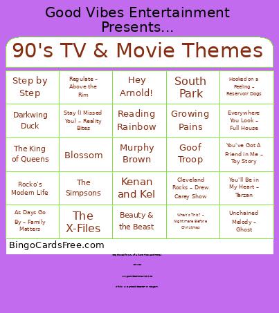 90's TV & Movie Themes Bingo Card