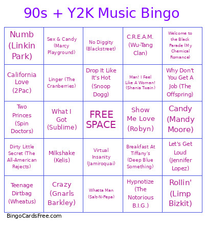 90s + Y2K Music Bingo Card