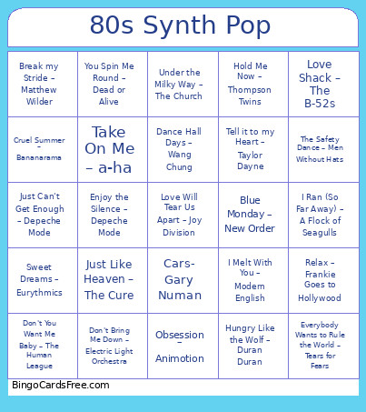 94. Synth Pop Bingo Card